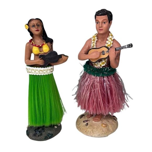 Hawaiian Hula Couple Bobble Head Dashboard Resin Doll Figurine 6.5" Multicolor - Picture 6 of 8